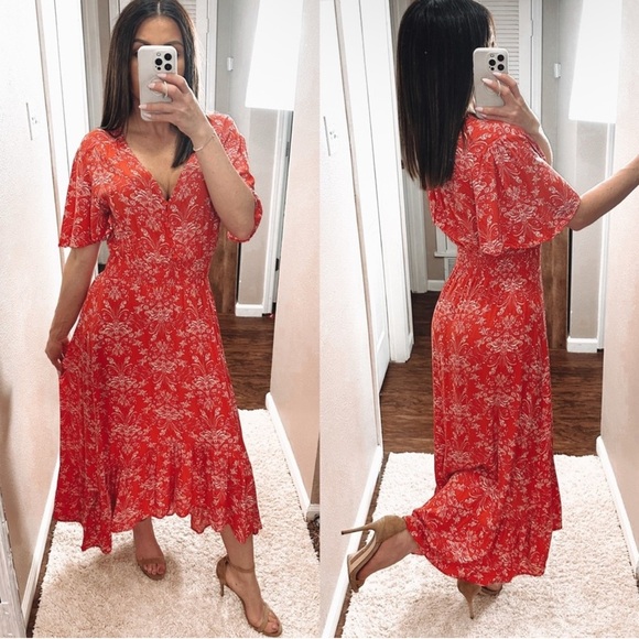 Abel The Label Boho Tiered Maxi Dress Women Small Cottagecore Red Flutter Sleeve - Picture 1 of 13